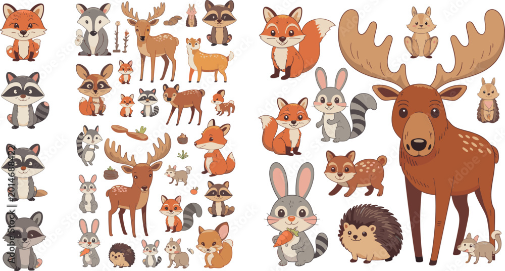 Fototapeta premium Cute Cartoon Woodland Forest Animals Vector Set with Fox Deer Raccoon Rabbit Moose Hedgehog and Squirrel Characters