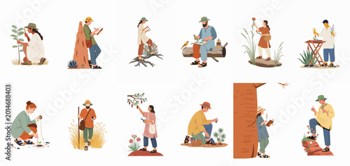 Tableau sur toile Diverse set of flat vector illustrations featuring ecologists and botanists conducting field research, studying plants, and exploring nature in various outdoor settings