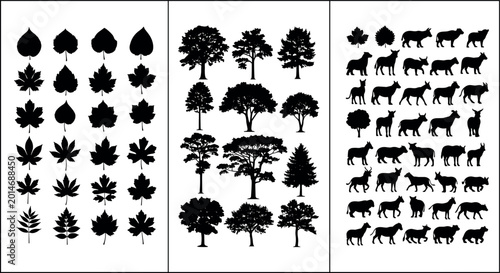 Tableau sur toile Black silhouette collection of diverse leaves, trees, and quadruped animals arra