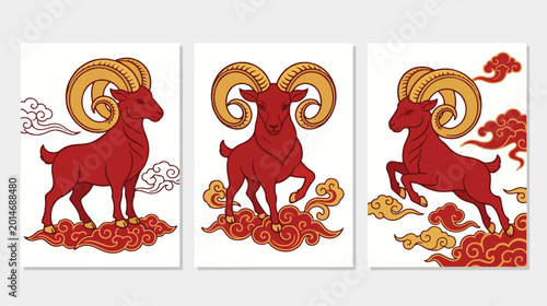 Fotografie Red rams with golden horns stand proudly on stylized oriental clouds