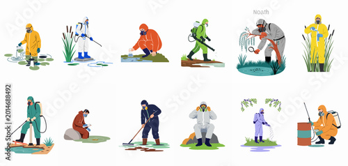 Fotografía Set of environmental workers in protective suits performing cleanup, chemical spraying, and scientific sampling tasks in various outdoor locations