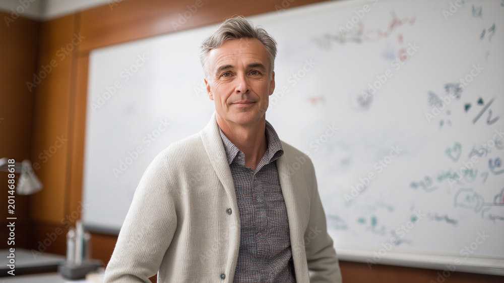 Fototapeta premium Middle aged university professor stands confidently in a classroom filled with educational aspirations Generative AI