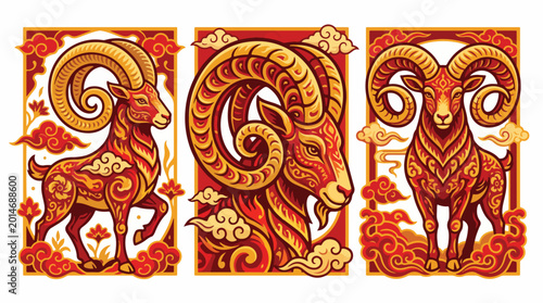 Obraz na płótnie Ornate golden rams display intricate traditional patterns in this vibrant festive illustration