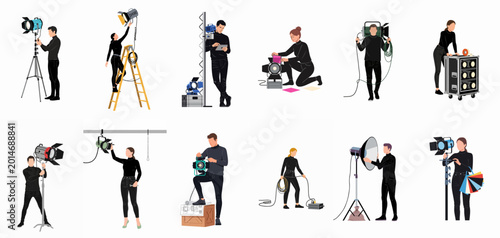 Canvas Print Set of professional lighting technicians and crew members adjusting spotlights, tripods, and equipment for film or stage production on white background