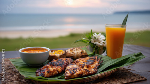 Grilled chicken and fresh juice served by the beach, inviting you to relax. A delightful culinary scene with chicken and drink