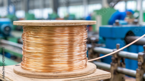 Copper wire spool elegantly displayed in a vibrant manufacturing environment during daytime operations Generative AI