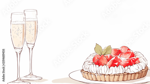 2つのシャンパングラスといちごのタルトのイラスト