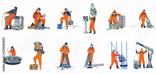 Tablou pe pânză Flat vector illustration of fishermen in orange waterproof overalls working with nets and fish, isolated on a white background