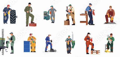 Canvastavla Flat Vector Illustrations of Industrial Workers and Mechanics in Overalls with T