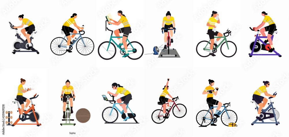 Fototapeta premium Set of vector illustrations of a female athlete training on indoor exercise bikes and road bikes with stationary trainers in multiple workout poses.