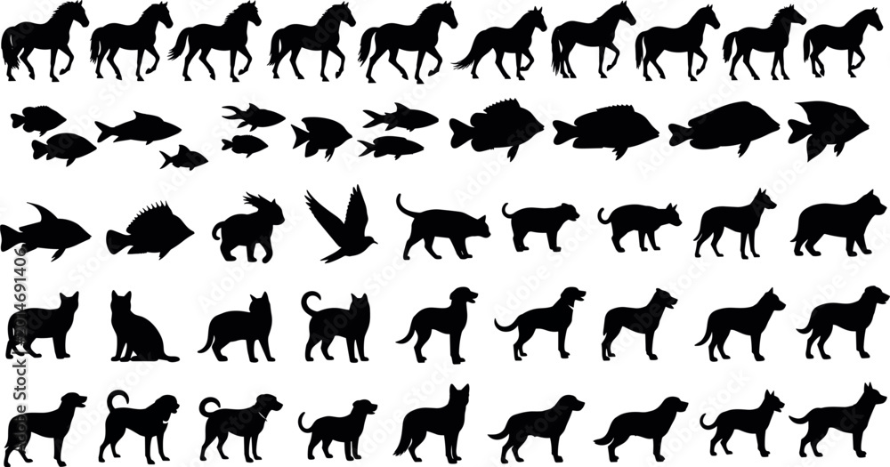 Fototapeta premium Black silhouette collection of horses, fish, dogs, and mixed animals arranged in organized rows for wildlife vector design illustration