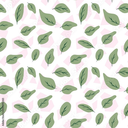 Modern Botanical Seamless Pattern with Green Leaves and Pastel Pink Abstract Shapes