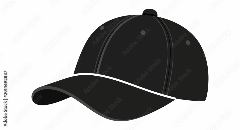 Fototapeta premium A simple graphic illustration of a plain black baseball cap on a white background