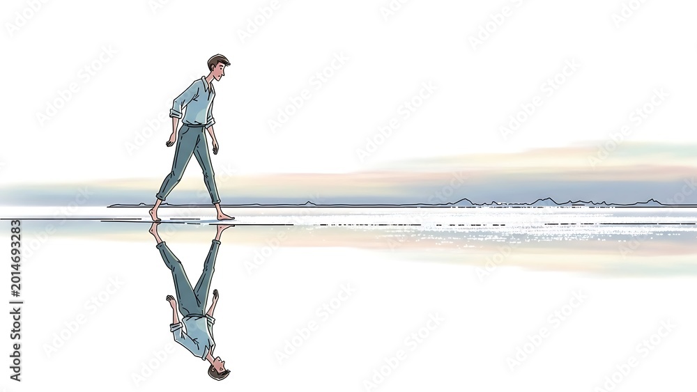 Naklejka premium Man walking on reflective salt flat.