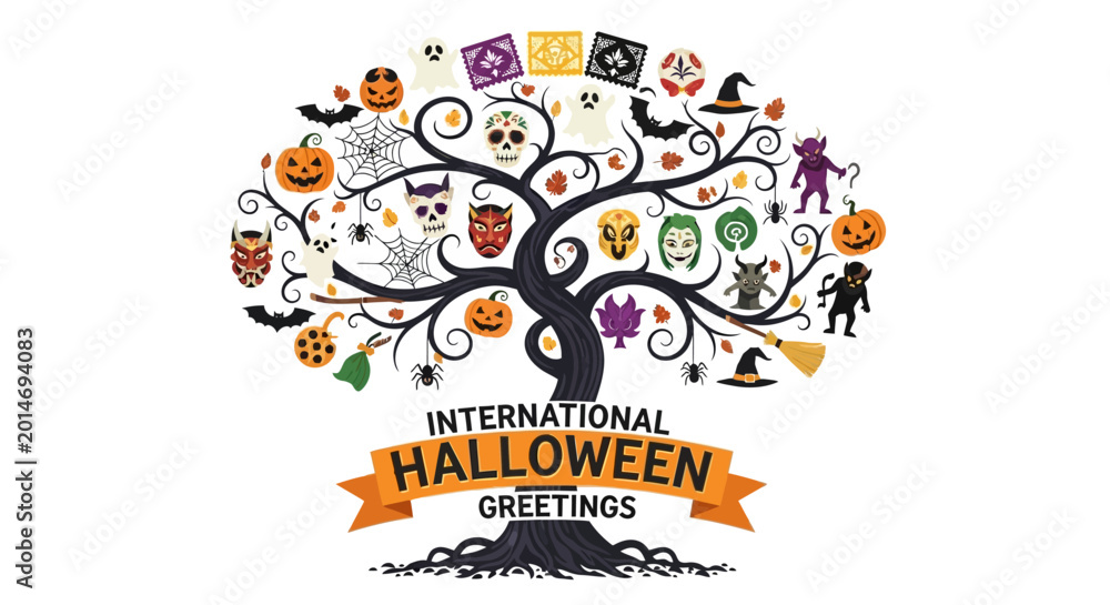 Obraz premium International Halloween Greetings Tree with Symbols and Characters