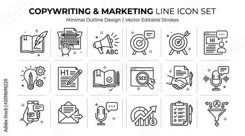 Monochrome copywriting and marketing icon set for business and advertising needs