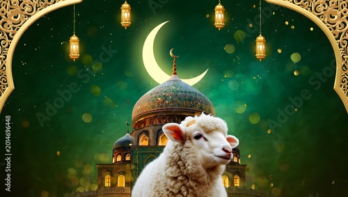An ornate festive Eid scene with mosque, sheep, and golden filigree.