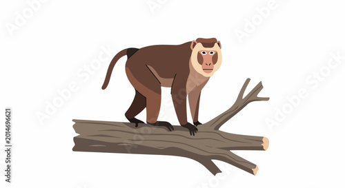 A brown monkey stands on a tree branch against a white background