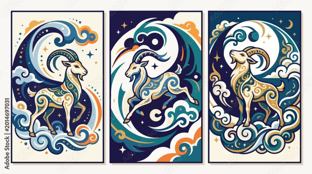 Fototapeta premium Decorative capricorn zodiac panels display ornate goats amidst swirling clouds and stars.