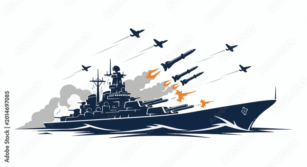 Fototapeta premium A naval warship fires missiles and guns amidst smoke, while jets fly overhead