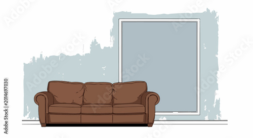 A brown sofa sits in front of a large window with a blueish-gray pane
