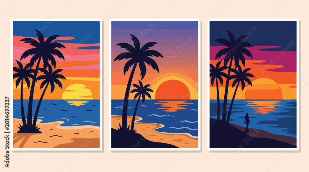 Fototapeta premium Tropical palm trees stand on a sandy beach during a beautiful sunset.