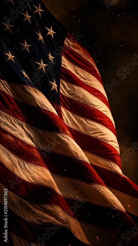 Close up waving American flag on dark background, patriotic USA and America national symbol and freedom concept, Fourth of July, America 250.