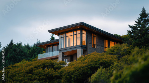 A modern, luxurious house nestled amidst lush greenery, embodying architectural elegance and tranquility. The large windows offer a peek into the warm interior lights