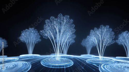 A digitally crafted, futuristic landscape with glowing, stylized trees
