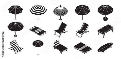 Beach equipment isometric icons set for summer holiday plan.