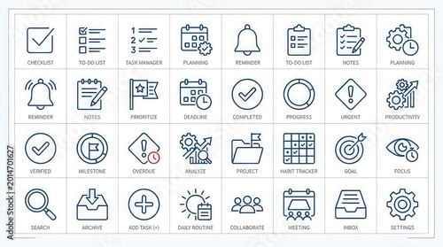 Editable stroke checklist and to do icon set in blue on white background for business organization