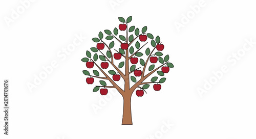A stylized illustration of a mature apple tree laden with ripe red fruit