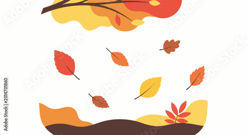 A stylized illustration of autumn leaves falling against a white background