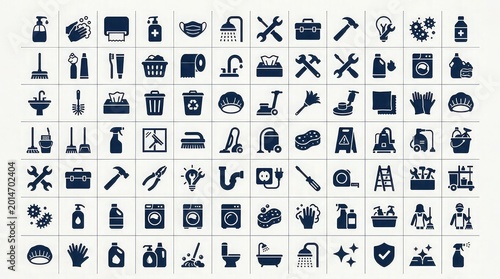 Vector cleaning silhouette icon set including hygiene tools and equipment on white background for design