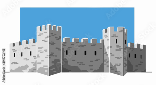 A stylized, medieval fortress with crenellated walls and towers
