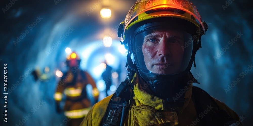 Fototapeta premium The Firefighter Standing in a Smoke Filled Tunnel Wearing Helmet and Protective Gear