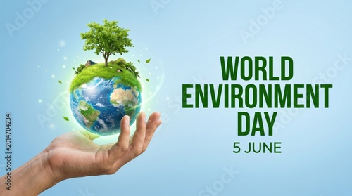 World Environment Day 5 June banner, human hand holding green earth globe with tree, ecology and sustainability concept on blue background