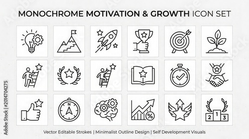 Monochrome motivation and growth icon set for self development vector editable strokes minimalist outline design