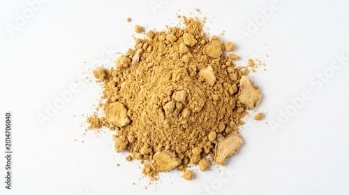 Pile of natural yellow ochre mineral pigment powder isolated on white background.