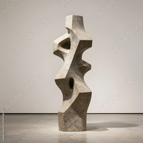 Modern abstract stone sculpture on display in gallery space with white wall transparent background