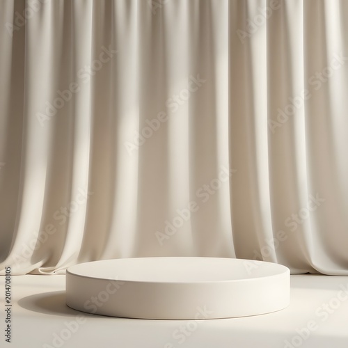 White circular pedestal in front of cream colored curtain and floor interior transparent background