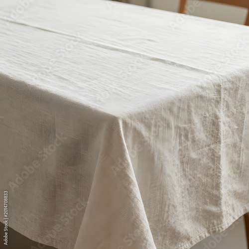 White linen tablecloth draped over rectangular table in dining room interior transparent background