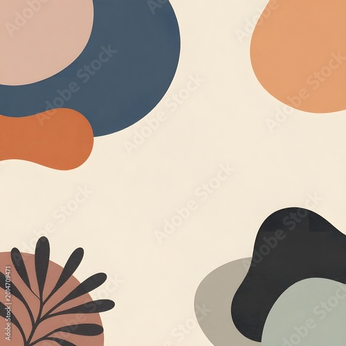 Abstract colorful shapes and leaves on neutral beige background  modern art design transparent background