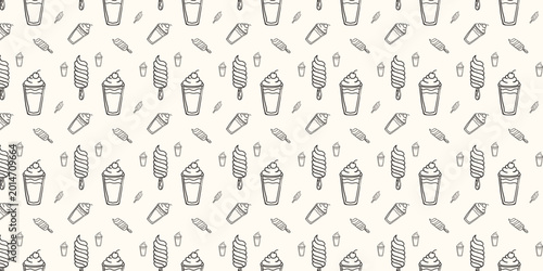 Seamless pattern with handdrawn milkshakes and ice cream on a light background, editable pattern design illustration