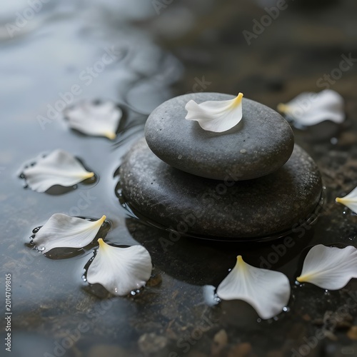 Soothing arrangement of wet stones and flower petals on water  serene natural scene transparent background