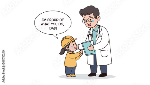 Photos Appreciative Gesture: A young girl, clad in work attire, hands a token to her doctor father, illustrating a tender moment of appreciation