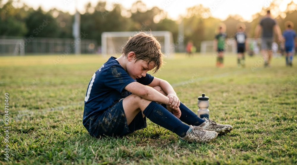 Obraz premium Disappointed young boy in a mud-stained blue soccer uniform sits on a grassy field with head down after a loss; background features a soccer goal and blurred players at sunset.