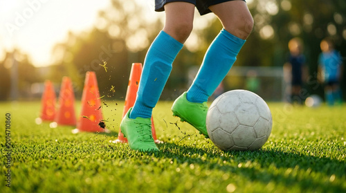 Close-up of a youth soccer player wearing lime green cleats and blue socks dribbling a ball past orange training cones on a natural grass field during an outdoor practice session.