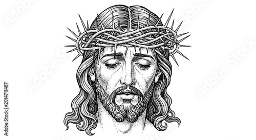 Bild auf Leinwand Jesus Christ Crown of Thorns Portrait Drawing - Religious Symbol