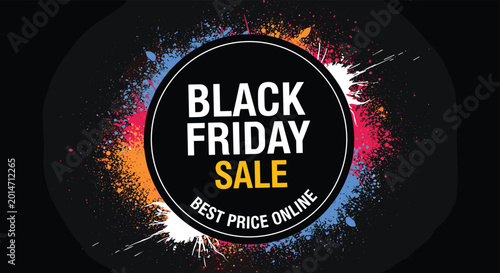 Bold black friday sale banner with colorful paint splatters on a dark background featuring modern typography for marketing and promotions.